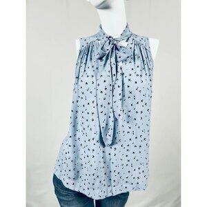 Free People Blue Tie Neck Front Sleeveless Printed Blouse Size S